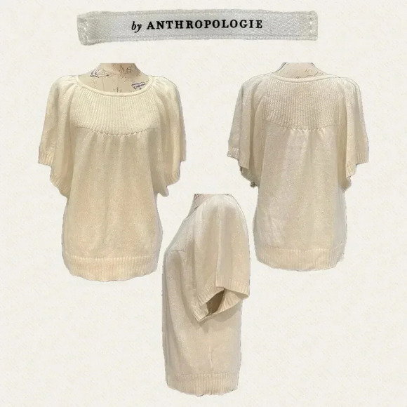 Anthropologie Ribbed Sweater Large Cream Knit Butterfly Sleeve Wool Blend EUC - Picture 1 of 13